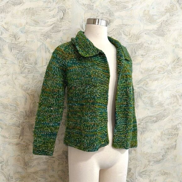 Hand Knit Open Front Space Dye Green Cardigan Sweater Small Medium - Picture 2 of 6